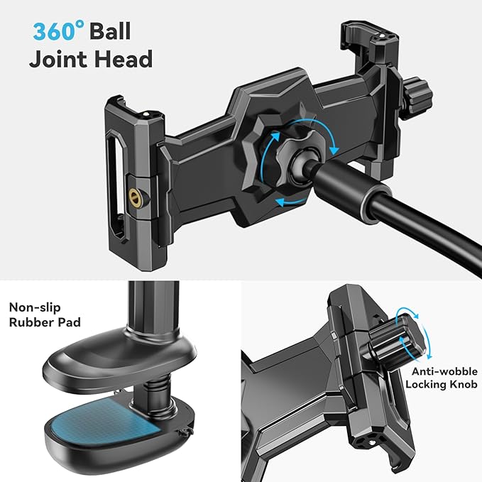 KDD Gooseneck Tablet Stand, 360° Adjustable Phone & iPad Holder for Bed and Desk, Flexible Arm Mount Clip for Video Recording, Bedside & Headboard Clamp for iPad Pro 12.9, Mini, Switch