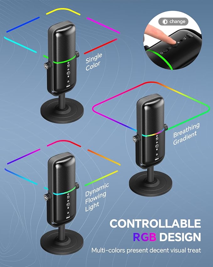 CMTECK USB Microphone for PC, PS4/PS5, Laptop – Computer Microphone with RGB Lighting, Mute Button, Mic Gain, Plug & Play, 3 Sound Modes for Streaming, Podcasting, Recording
