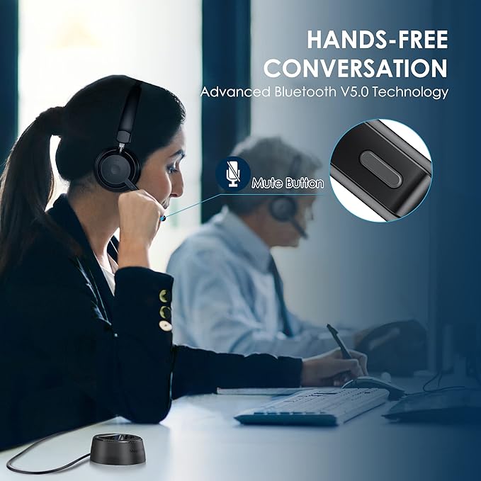 Bluetooth Headset, Wireless Headphone with Microphone for Computer, On Ear Bluetooth Headset with USB Dongle for Office Call Center Skype Zoom Meeting Online Class (Gray)