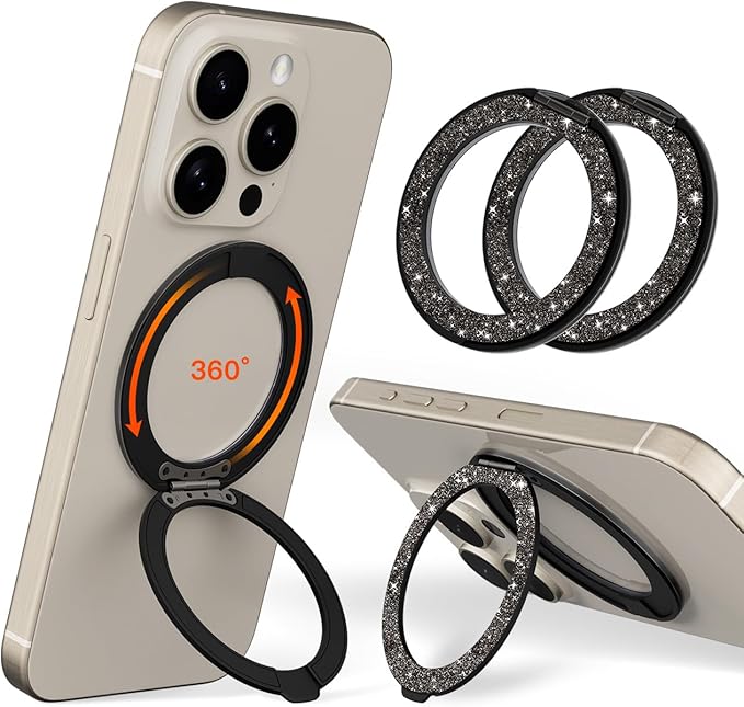 COOLQO 2Pcs 360 Spin Cell Grip Ring Phone Stand [Upgrade Gear Hinge Stress Relief] Magnetic Holders for Your car Accessories Desk Mount Compatible with iPhone All Smartphone, Glitter Black