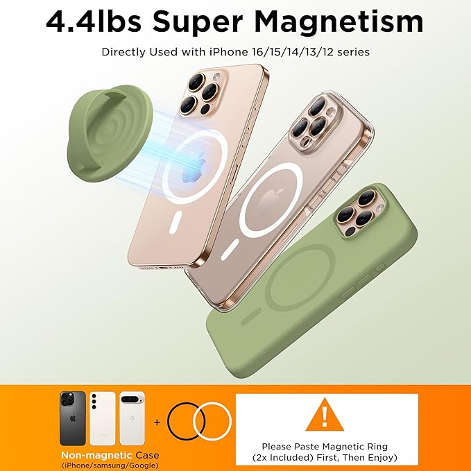 Magnetic Phone Ring Grip Holder, Silicone Finger Loop Grip, Compatible with MasSafe, Back of Phone for iPhone Pro Max/Plus/16/15/15/14/13/12 Series, Tea Green