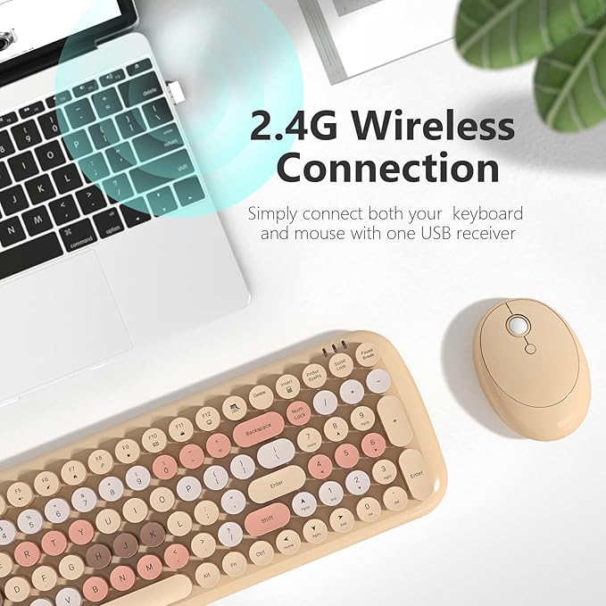 KNOWSQT Wireless Keyboard and Mouse Combo, Light Milktea 100 Keys 2.4 GHz Round Keycap Typewriter Ctue Keyboards, USB Receiver Plug and Play, for Windows, PC, Laptop, Computer, Desktop