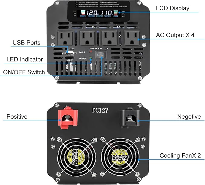 LVYUAN 4000 Watt Power Inverter 12V to 110V 120V for Vehicle, Solar Inverter System, Heavy Duty, RV, Truck, Off Grid,Camping with 4 AC Outlets, LCD Display, Wireless Remote Control, Car Power Inverter