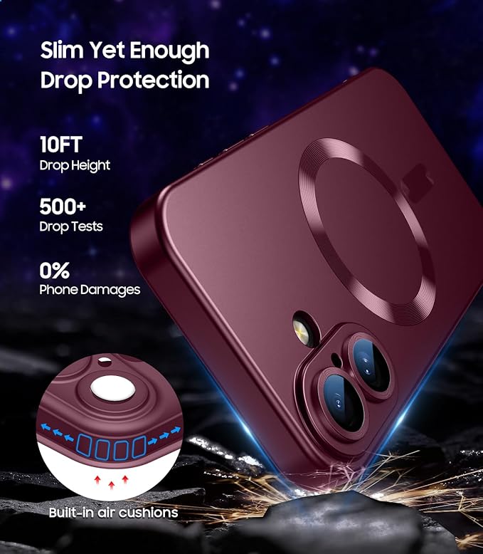 Magnetic for iPhone 16 Plus Case [Compatible with MagSafe][Built-in Camera Lens Protector] Slim Soft Silicone Bumper Shockproof Metallic Luster Phone Case (Burgundy)