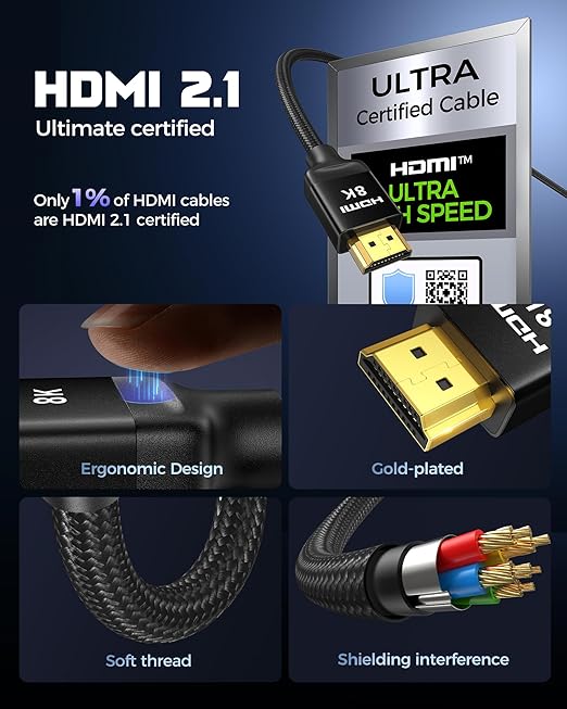 Silkland 8K HDMI eARC/ARC Cable 2.1, 3.3FT Certified Ultra High Speed HDMI® Cable [8K@60Hz, 4K@120Hz] Dolby Atmos Vision, 48Gbps, HDR, HDCP Compatible for Samsung/Vizio/SoundBar/Roku TV/BluRay