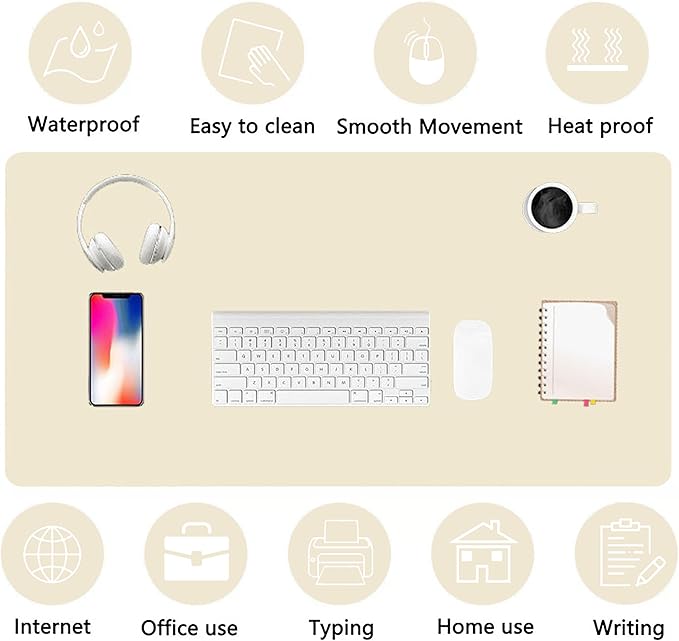 PU Leather Desk Pad Protector Gaming Mouse Pad Non Slip Desk Mat for Keyboard and Mouse Waterproof Desk Writing Pad for Office and Home Desk Accessories(Beige, 47.2 * 17.7)