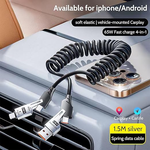 65W 4-in-1 Retractable Fast Charging Cable, 2M/6.5ft Spring Coiled USB-C to L/USB-C/USB-A Multi-Device Cord for iPhone 15/14/13, iPad, Samsung, MacBook, Laptop, Car, Tablet
