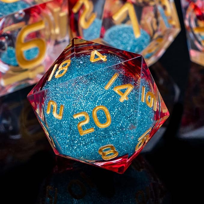 ARUOHHA Liquid Core DND Dice Set, 7pcs Resin Sharp Edged Dice RPG Red Blue Polyhedral D and D Dice with Gift Box, Role Playing Dice Set D20 D12 D10 D8 D6 D4