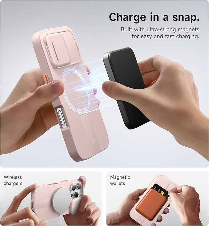 SURITCH for iPhone 16 Pro Case with Slide Camera Cover and Adjustable Kickstand, Compatible with MagSafe Protective Cover 6.3 Inch,Pink (ONLY Compatible with iPhone 16 Pro)