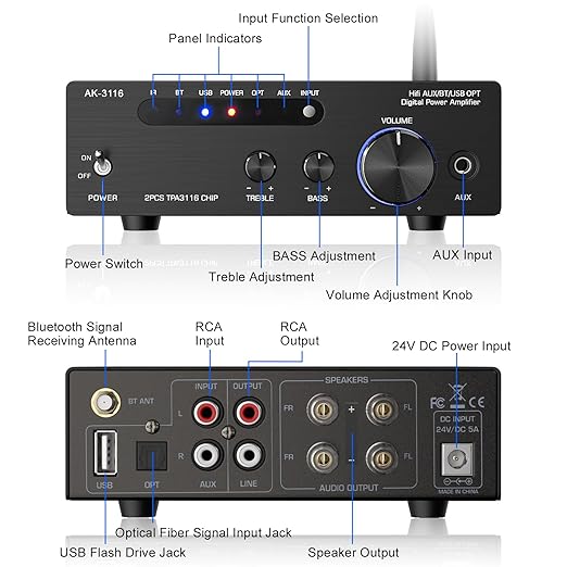 Facmogu AK-3116 HiFi Digital Amplifier, Bluetooth 5.3 200W Dual TPA3116 2 Channel 2x100W Class D Stereo Receiver w/RCA, USB, Optical, FM, Mini Amp Audio System for Home, Outdoor, w/ 24V Power Supply