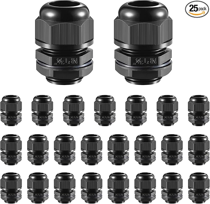25 PCS 3/4"(12.5-18mm) NPT Nylon Cable Gland Joints with Gaskets, IP68 Adjustable Lock Nut Strain Relief Cord Grip Waterproof Cable Glands - UL Listed and RoHS Compliant