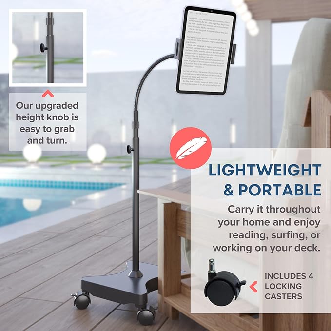 LEVO Adjustable Tablet & Phone Floor Stand with Multi-Axis Head, Hourglass Base & Locking Casters – Premium Rolling Gooseneck Mount, Stable Weighted Design, Fits Devices 4-13 Inch, Height 30-60 in