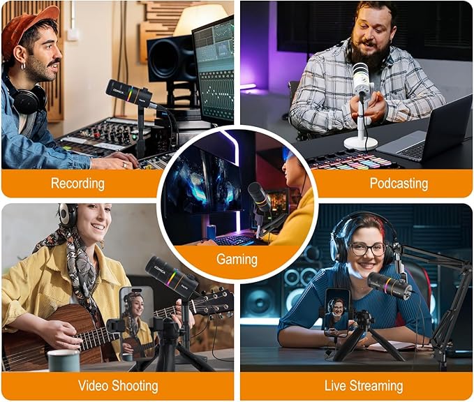 COMICA EJoy D10 D USB/XLR Dynamic Microphone with RGB Light &CalMix Denoise &Mute Button- Studio-Quality Cardioid Mic with Desktop Stand for Gaming, Streaming, Podcast,YouTube(PC/PS5/Xbox/Mac (White)