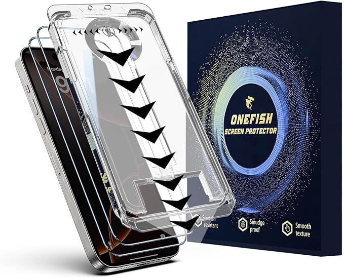OneFish Screen Protector for Iphone 15 Plus, HD Clarity Tempered Glass Film 9H+ Hardness, with Hassle-Free Installation Frame, Dust-Free Bubble-Free Anti-Fingerprint, 2Pack