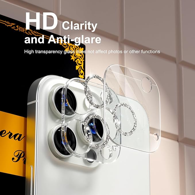 beuxece for 6 Pack iPhone 15 Pro/iPhone 15 Pro Max Camera Lens Protector [Drop Protection] [Case Friendly] [Easy Installation] 9H Tempered Glass Camera Screen Protector Cover, Glitter Silver