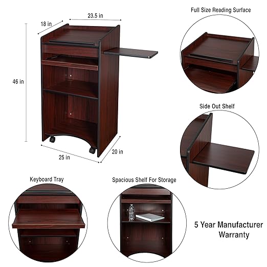 OEF Furnishings Mobile Floor Lectern with Side Shelf And Keyboard Tray, Mahogany