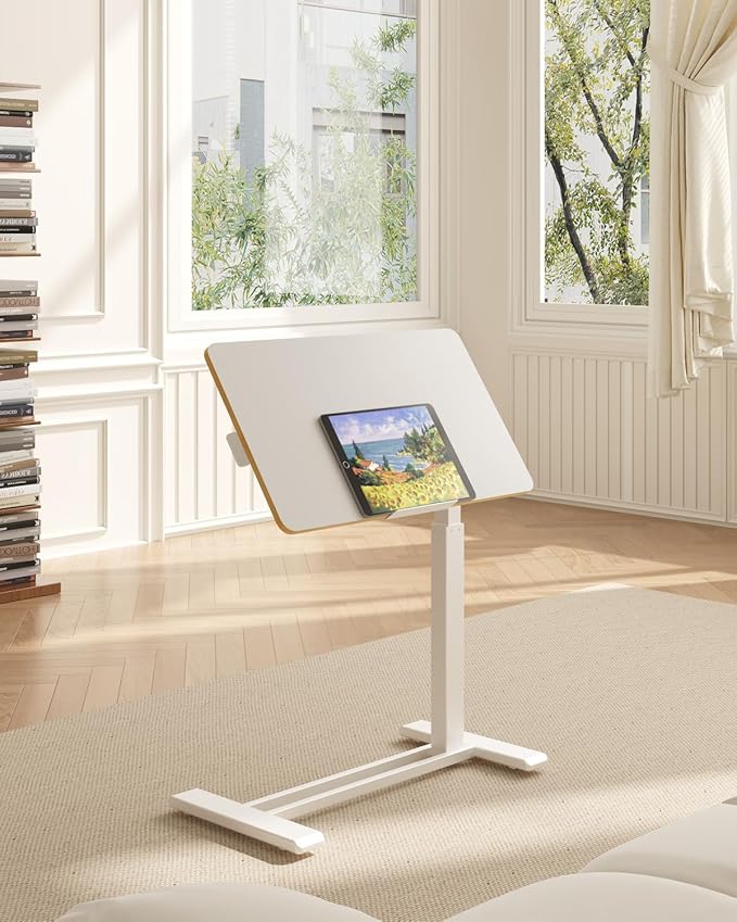 FLEXISPOT H7 PRO Mobile Standing Desk Adjustable Overbed Table Pneumatic with Wheels 90°Tiltable Portable Laptop Desk Rolling Computer Cart Foldable Bedside Table(31.5" W x 17.7" D, White)