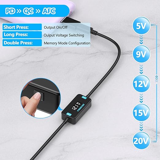 FARSENSE USB C to DC Adapter,Barrel PD Trigger Cable(3.3ft) with 10 Connector Tips,USB to DC Power Cable can Switch Voltage by Pressing The Key,Support LED Display Voltage