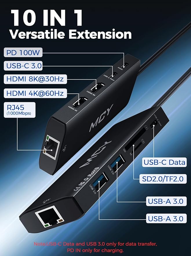 MCY USB C Hub,Laptop Docking Station Dual Monitor Single 8K,2x4K@60Hz,10 in 1 Type-C Multiport Adapter with 2 HDMI,PD100W,Extender Splitter,Card Reader,Ethernet Dock for Mac/Dell/HP/Surface/Steam Deck