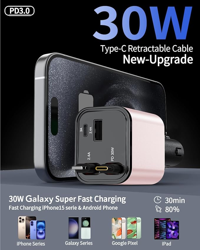 Retractable Car Charger, 4 in 1 Fast Car Phone Charger 69W, 2 Retractable Cables and 2 USB Port, Compatible with iPhone 16/15/14/13/12/11,Galaxy,Pixel