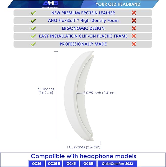 QC35 ii / QC35 Headband pad Cushion Cover. Compatible with Bose QuietComfort 35 / QC35 II Headphones (White). Easy Clip on Design | Premium PU | FlexiSoft High-Density Foam