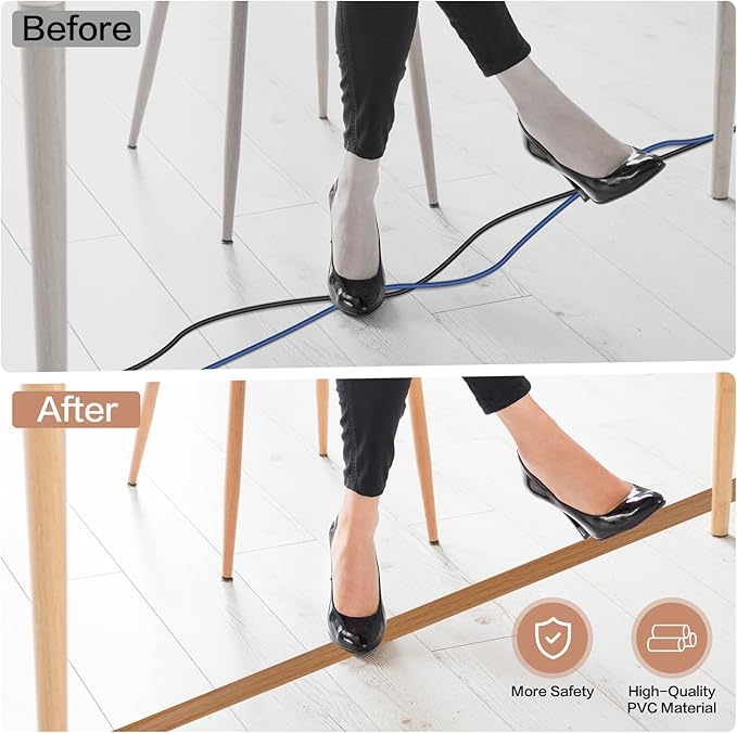 Floor Cord Cover Self Adhesive Cord Hider Floor Extension Cord Covers for Floor Power Cord Protector Cable Management Prevent Cable Trips Cable Cavity 0.59" W x 0.31" H (Light Brown Wood, 10Ft)