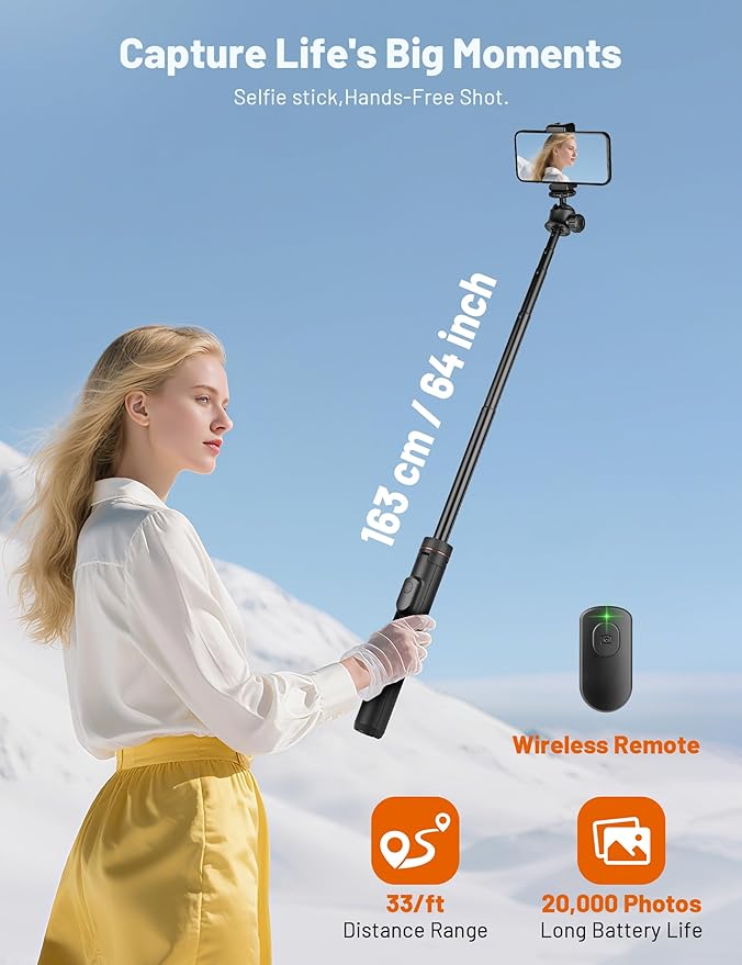 JOILCAN Tripod for iPhone & Camera, 64" Selfie Stick with 360° Ball Head Remote & Phone Holder, Extendable Portable Phone Tripod Stand for Travel Vlog Compatible with Canon Sony DLSR DJI