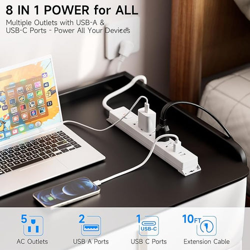 10 Ft Power Strip Surge Protector with USB Ports, Flat Plug Extension Cord, 5 AC Outlets and 3 USB Charging Ports, Wall Mountable for Home, Office, Dorm
