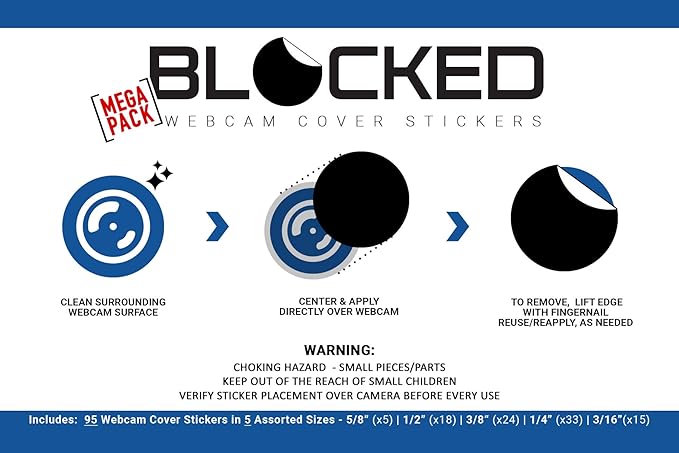 BLOCKED Stackable Webcam/Camera Vinyl Covers | 95 Low-Tack Restickable Webcam Sticker | 5-Sizes | Black 95-Pack (Muted Matte)