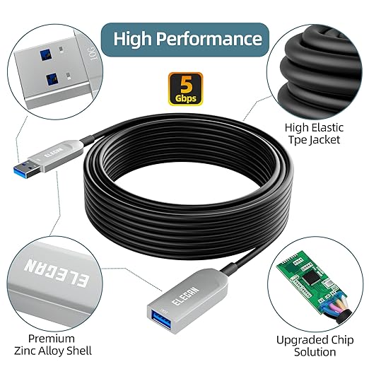 Elecan Active Optical USB 3.0 Extension Cable 50 FT Fiber Optic Type A Male to Female USB Extension Cord USB Extender 5Gbps Data Transfer for Webcam,Gamera, USB Hub, Keyboard, Hard Drive, Printer