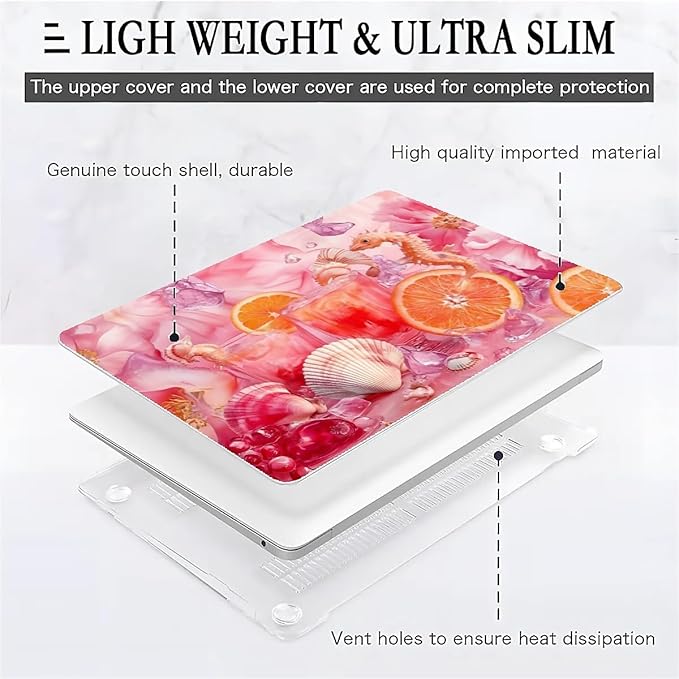 Compatible with MacBook Air 13.3 13.6 Inch Case 2022 2021 2020 2019 Plastic Hard Shell Case Cover,13.3 Air (A1932/A2179/A2337), Pink Floral with Sea Shells