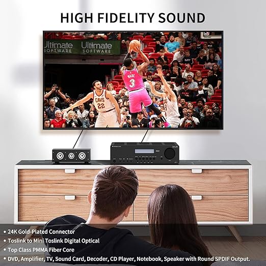 EMK 24K Gold-Plated Toslink to Mini Toslink Cable (25ft/8M) - Digital Optical Audio Cable with 3.5mm Mini Plug for Soundbar, Home Theater, TV - Silver SPDIF Fiber Optic Cord
