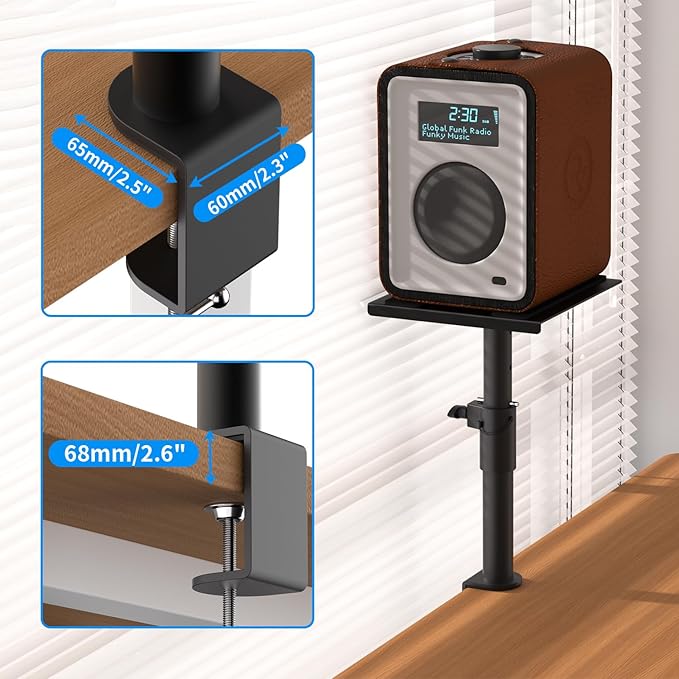 suptek Clamp-on Speaker Stand Desk Mount Set, Height Adjustment, Swivel, 9.6 x 8.8 inch Trays, Universal Audio Holders for Computer and Bookshelf Speakers, Elevated Sound, 2 Pack, Black, SDM001G