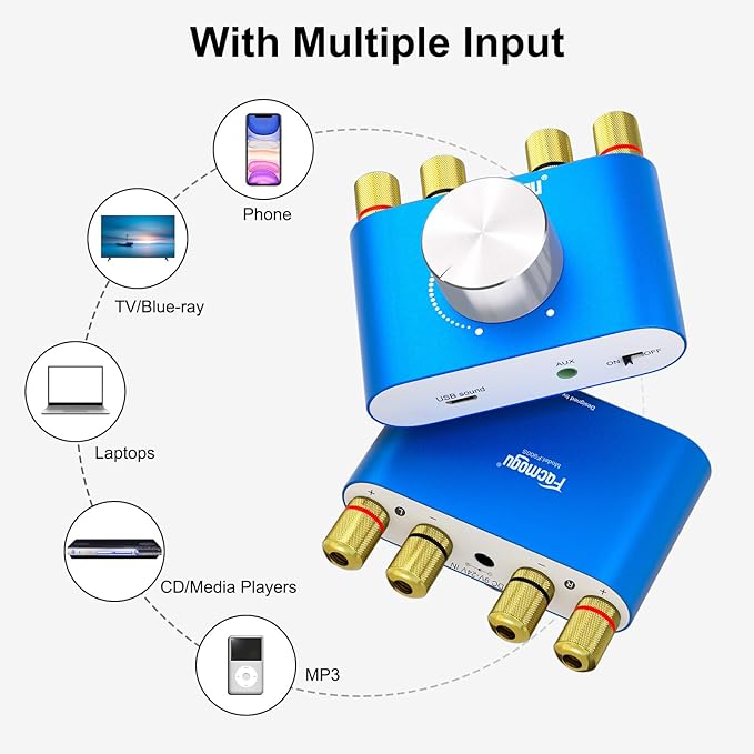 Facmogu F900S 160W Mini Bluetooth 5.0 Power Amplifier, 2 Channel 80Wx2 Stereo Hi-Fi Digital Amp, Portable Wireless Audio Receiver Sound Speaker Amplifer, AUX/USB/Bluetooth Input & 12V Power Supply
