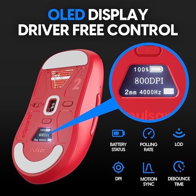 Pulsar Gaming Gears - X2H ES Wireless Gaming Mouse, Limited Edition, Symmetrical, Optical Switch, OLED Display, Driverless, PAW3395 Sensor, 100H Battery, 4K dongle Included (Medium, Red)