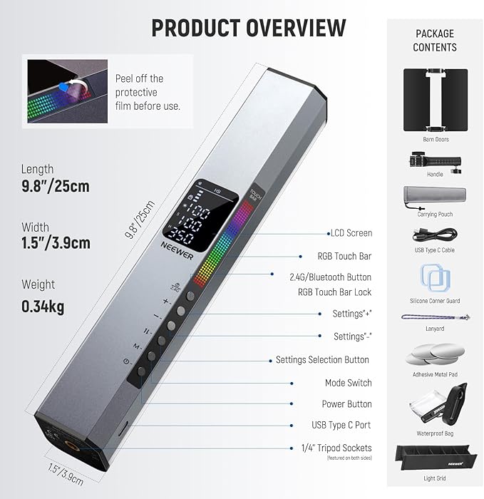 NEEWER RGB1 LED Tube Light Stick with Metal Barndoor, Handle, Touch Bar/APP Control, Magnetic Handheld RGB Video Light, 3200K-5600K CRI98+ Dimmable Photography Lighting with 6400mAh Battery, 17 Scenes