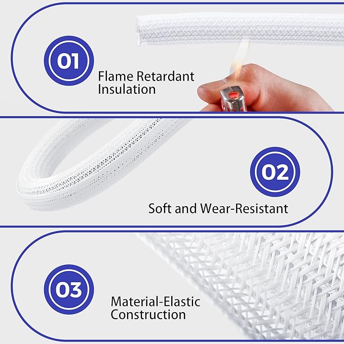 Cable Management Sleeves 1in - 2 Pack 6.6ft Split Braided Cable Sleeve White, Cord Protectors from Pets, Wire Organizers for Cords, Flexible Cord Wrap Wire Sleeve for Computer Cord Organizer
