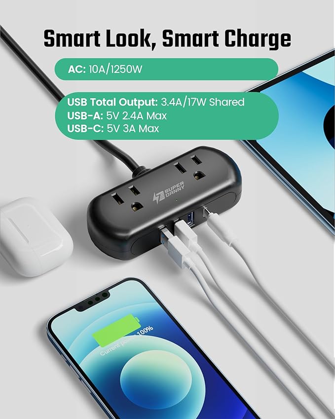 2Ft Extension Cord, SUPERDANNY Mini Surge Protector with 2 Wide-Spaced Outlets, USB Power Strip, 3 USB-A 1 USB-C, Flat Plug, Compact Size Desktop Charging Station Travel, Home, Office, Black