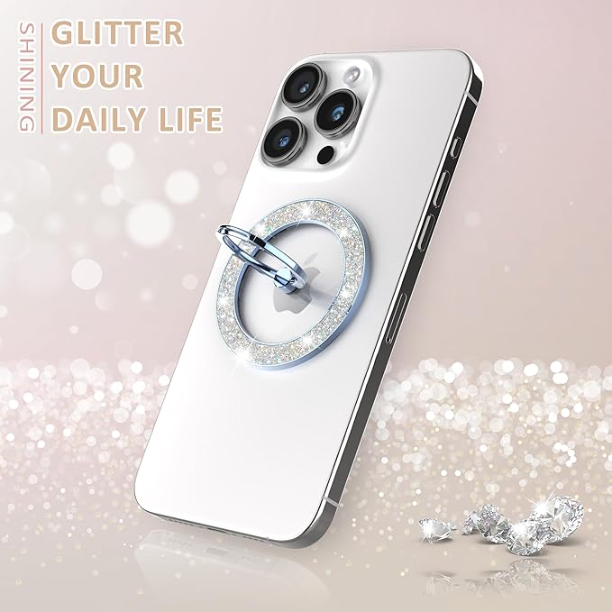 Magnetic Phone Ring Holder for MagSafe, Magnetic Phone Grip for iPhone, Compatible with iPhone MagSafe Wireless Charging. (Glitter Blue)