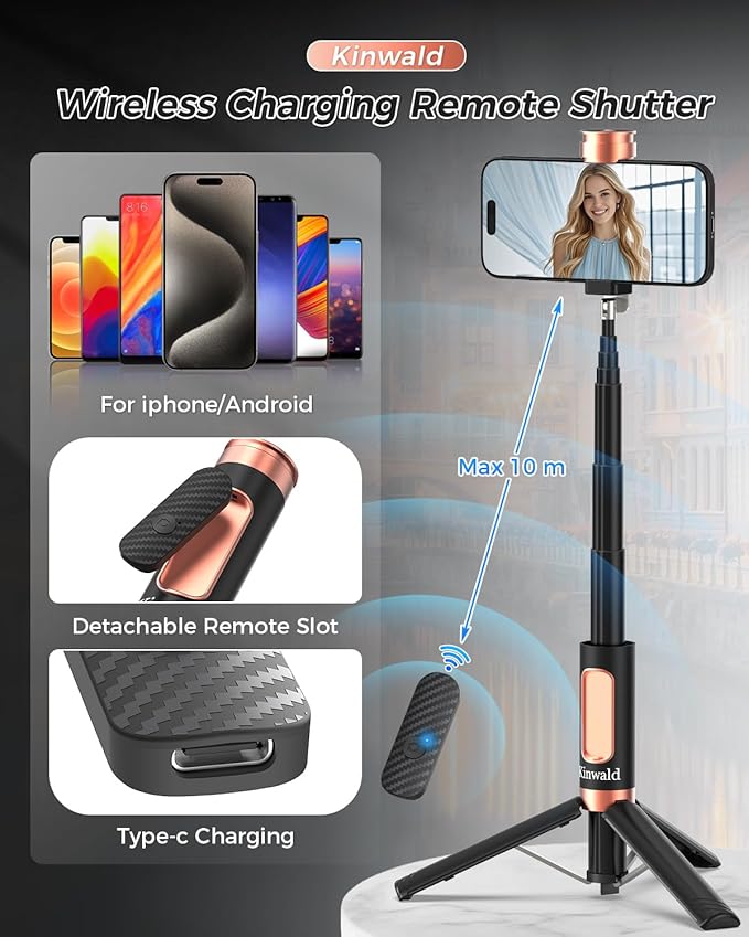Selfie Stick Tripod for iPhone & Android, Portable Phone Tripod Stand with Bluetooth Remote, One-Click Open, Compact & Lightweight, All-in-1 for Vlog/Travel/Photography (Black)