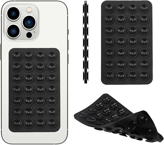 Silicone Double-Sided Suction Phone Grip Detachable Mount - Car Dashboard/Shower Phone Holder, Hands-Free For Selfies & Videos, TikTok/ASMR/Yoga - iphone & Android Compatible (3.74"x2.2", Black)