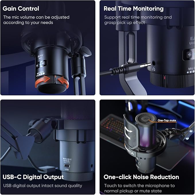 COMICA EJoy Uni USB Condenser Gaming for PC, PS4, PS5, USB C Phone, and Mac, Boom Arm RGB Computer Mic for Twitch, Streaming/Podcasting/YouTube, Noise Cancellation Mic with Mute, Gain, Monitoring