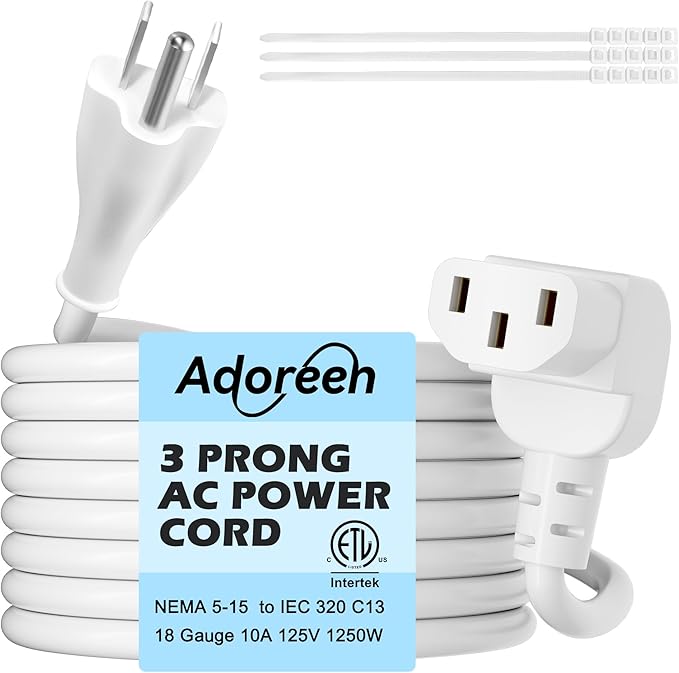 Adoreen 15 Ft Computer TV Replacement Power Cord White, 90 Degree Angled L-Shaped 18AWG 3-Prong AC Universal Power Supply Cable NEMA 5-15P to IEC 320 C13 for Printer, PC, Monitor TV LCD, ETL+Ties
