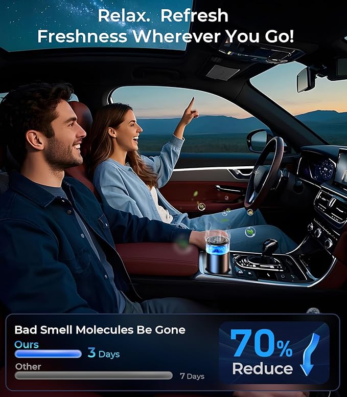 Smart Car Air Fresheners, Ambient Light & Mist Fragrance, Auto On/Off Car Air Freshener Diffuser, Adjustable Intensity, Lasts 6 Months, Built-in Battery, Premium Scents Refill X2 - Coconut