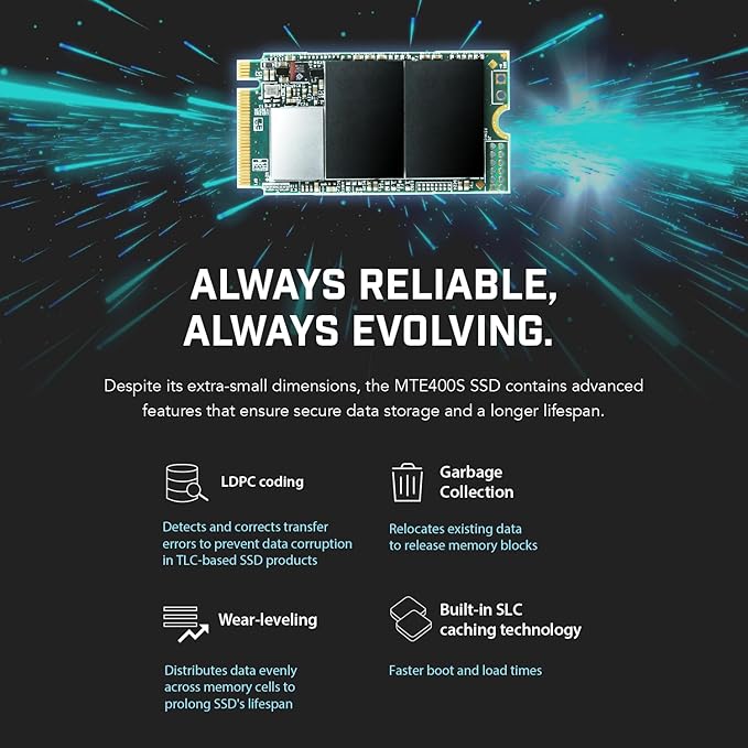 Transcend 2TB MTE400S M.2 2242 PCIe Gen3x4 SSD, Compatible with Ultra-Thin Laptops, Dram-Less Low Power, Up to 2000MB/s, TLC - TS2TMTE400S
