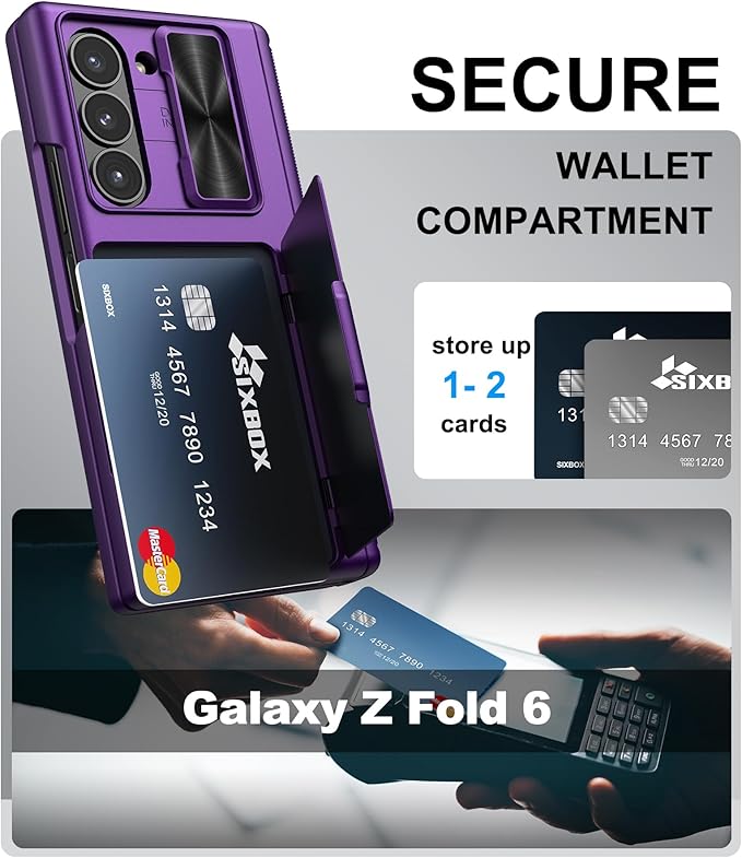 for Samsung Galaxy Z Fold 6 Case with Card Holder & Belt Clip & Slide Lens Cover, Built-in Hinge Protection & Screen Protector, Durable Wallet Phone Cover Case for Z Fold 6 5G 2024, Dark Purple