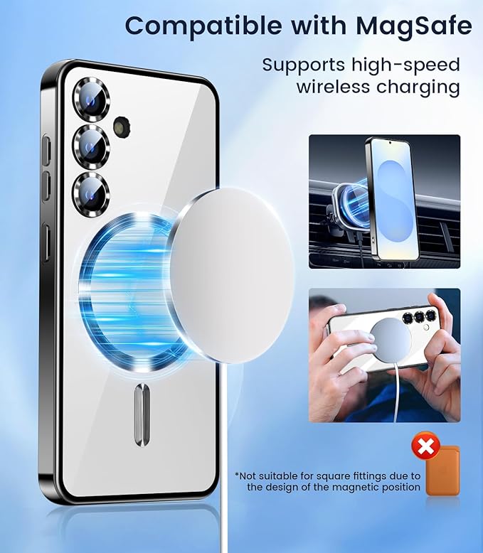 Slim Thin for Samsung Galaxy S25 Case, Compatible with MagSafe, Built-in Camera Lens Protector, Shockproof Protective Phone Case, Soft Electroplated Clear Phone Cover, Black