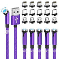 Magnetic Charging Cable 540° Rotating Magnetic Phone Charger [6-Pack, 3ft/3ft/3ft/6ft/6ft/10ft] 3 in 1 Magnetic Charger Cable Nylon Braided Magnetic USB Cable for i-P/Micro USB/Type C Device-Purple