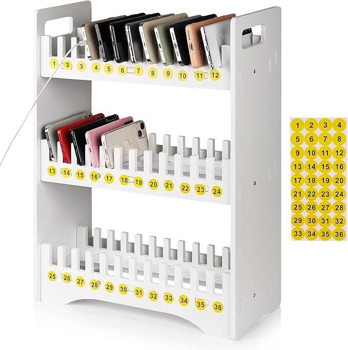 Cell Phone Holder Classroom Cell Phone Storage 3-Tier Multiple Cell Phone Stand Rack with 1-36 Number Stickers PVC Board Mobile Phone Holder Desktop Organizer for Classroom Office