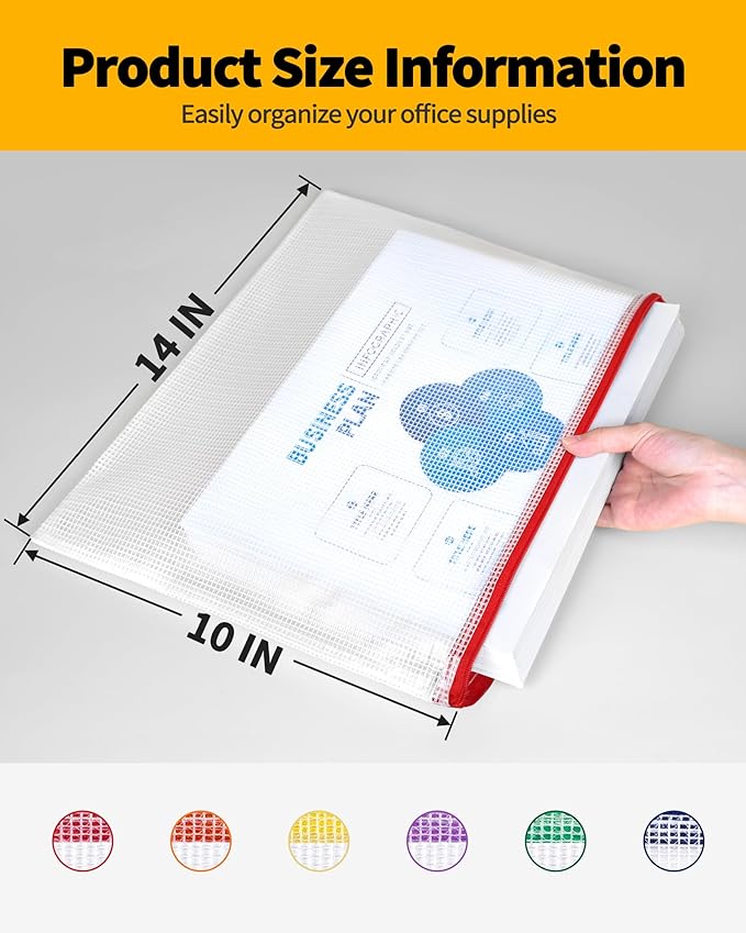 SUNEE Plastic Mesh Zipper Pouch 10x14 in (6 Colors, 12 Packs),Extra Large Water-Resistant Zip Bag for School Office Supplies, Puzzles & Games Organizing Storage